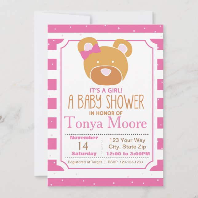 Inbjudan till rosa Bear Baby Shower (Framsida)