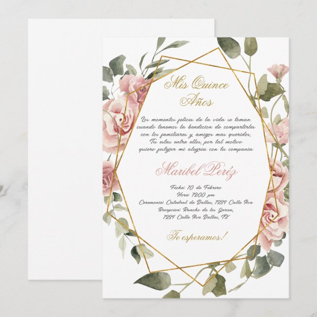 Inbjudan till rosa-blomman Quinceanera (Fram/baksida)