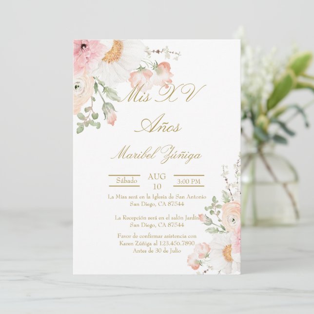Inbjudan till rosa-blomman Quinceanera (Stående Fram)