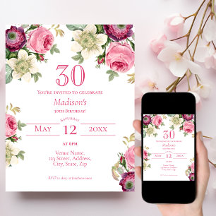 Inbjudan till rosa Blommigt 30års födelsedag