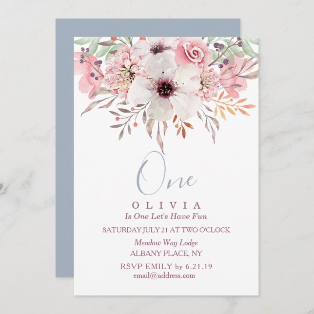 Inbjudan till Rosa Blommigt av vattenfärg på födel (Fram/baksida)