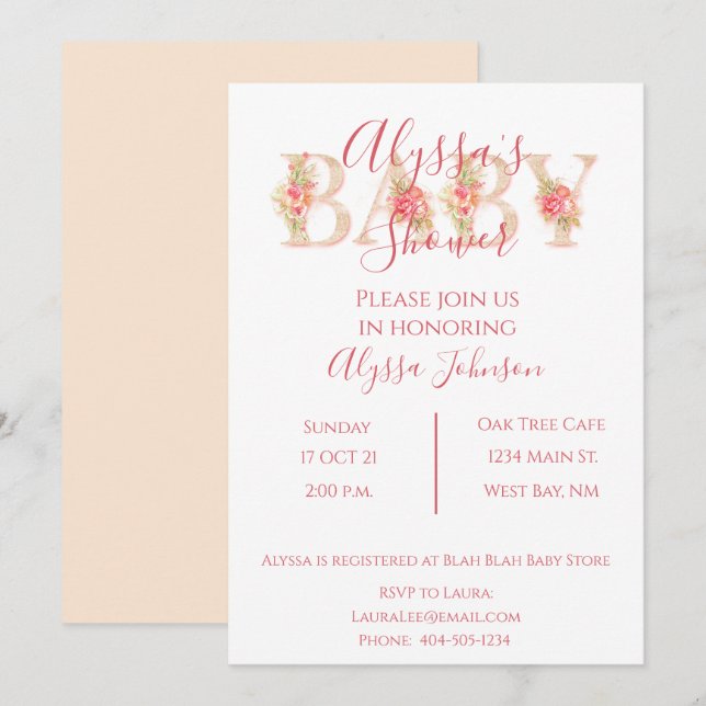 Inbjudan till rosa Blommigt Baby Shower (Fram/baksida)