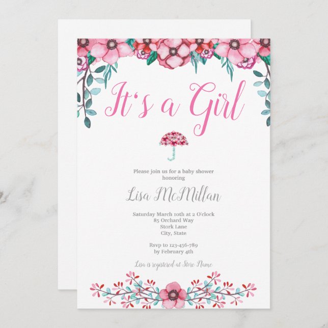 Inbjudan till rosa Blommigt Baby Shower (Fram/baksida)