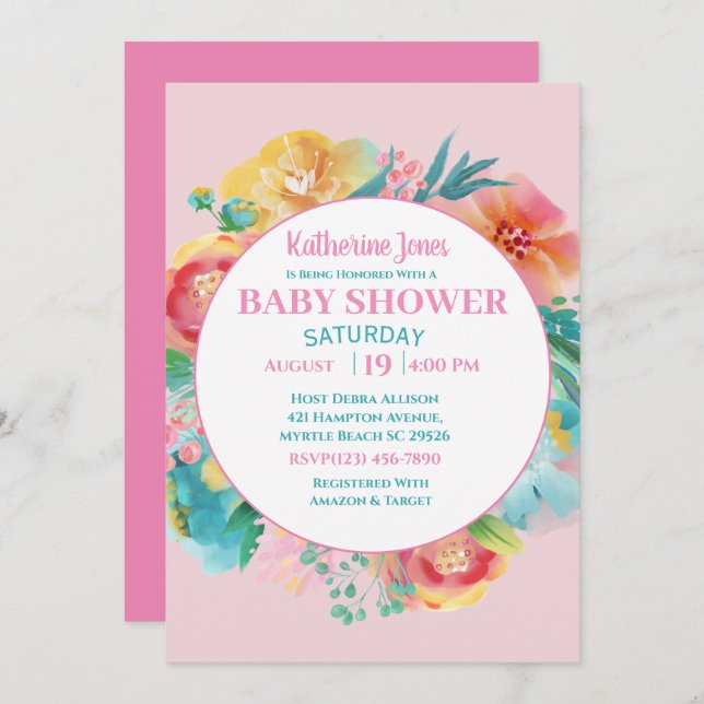 Inbjudan till rosa Blommigt Baby Shower (Fram/baksida)