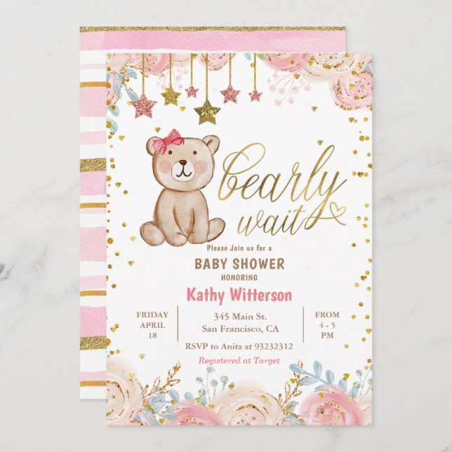 Inbjudan till rosa Blommigt Bear Baby Shower (Fram/baksida)