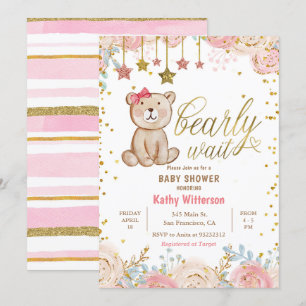 Inbjudan till rosa Blommigt Bear Baby Shower