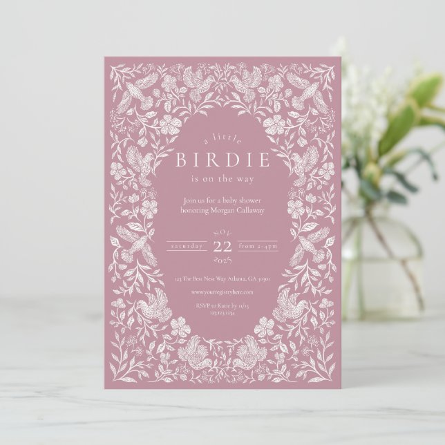 Inbjudan till rosa Blommigt Birdie Baby Shower (Stående Fram)