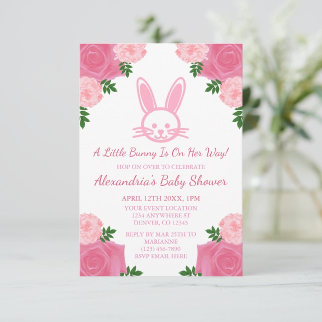 Inbjudan till rosa Blommigt Bunny Baby Shower (Stående Fram)