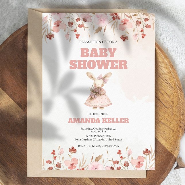Inbjudan till rosa Blommigt Bunny Baby Shower (Skapare uppladdad)
