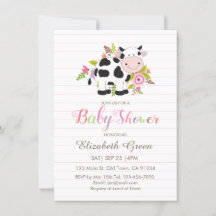 Inbjudan till rosa Blommigt Cow Girl Baby Shower
