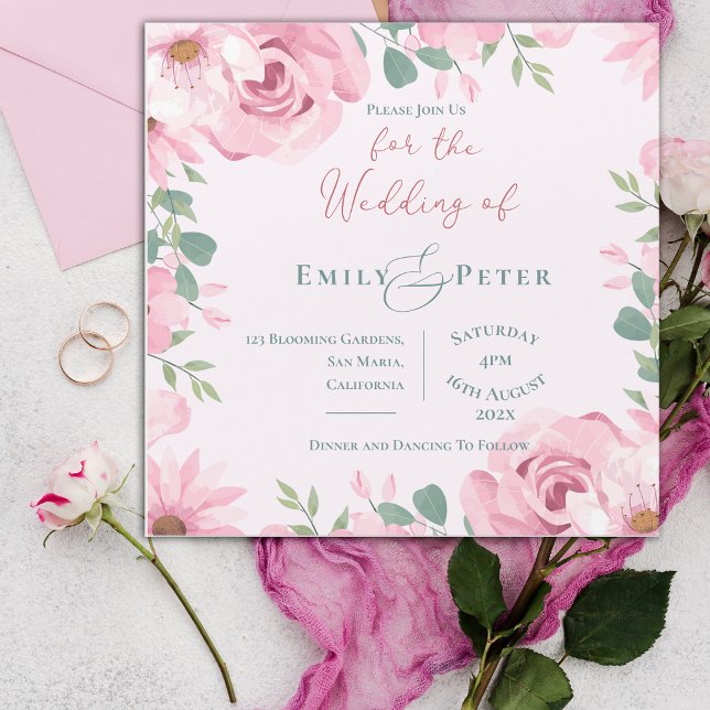 Inbjudan till  Rosa Blommigt Elegant bröllop (Blush Pink Florals Elegant Wedding Invitation)