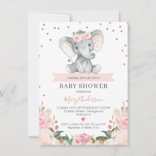 Inbjudan till rosa Blommigt Girl Elephant Baby Sho