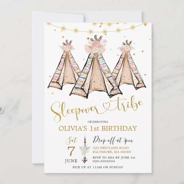 Inbjudan till Rosa Blommigt Girl Sleepover Party i (Framsida)