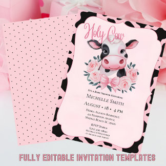 Inbjudan till rosa Blommigt Kow Print Baby Shower