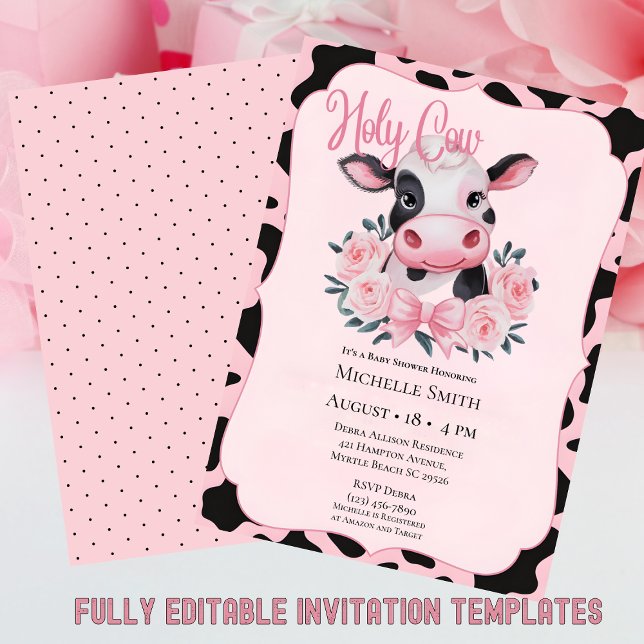 Inbjudan till rosa  Blommigt Kow Print Baby Shower (Skapare uppladdad)
