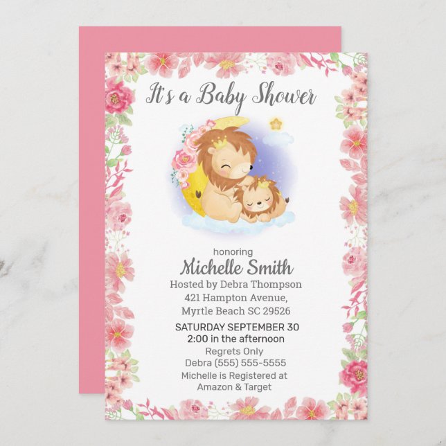 Inbjudan till rosa Blommigt Lejon Mamma Baby Showe (Fram/baksida)