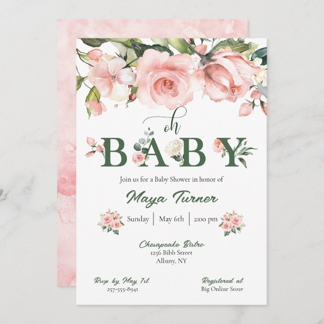 Inbjudan till rosa Blommigt och Grey Baby Shower (Fram/baksida)