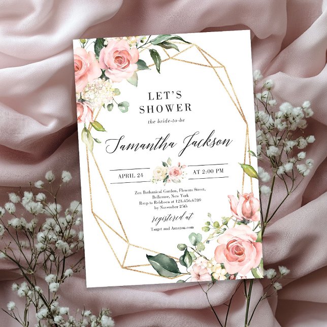Inbjudan till  Rosa Blommigt och Guld Glitter (Blush Pink Floral and Gold Glitter bridal shower Invitation)