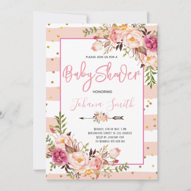 Inbjudan till rosa  Blommigt Peony Baby Shower (Framsida)