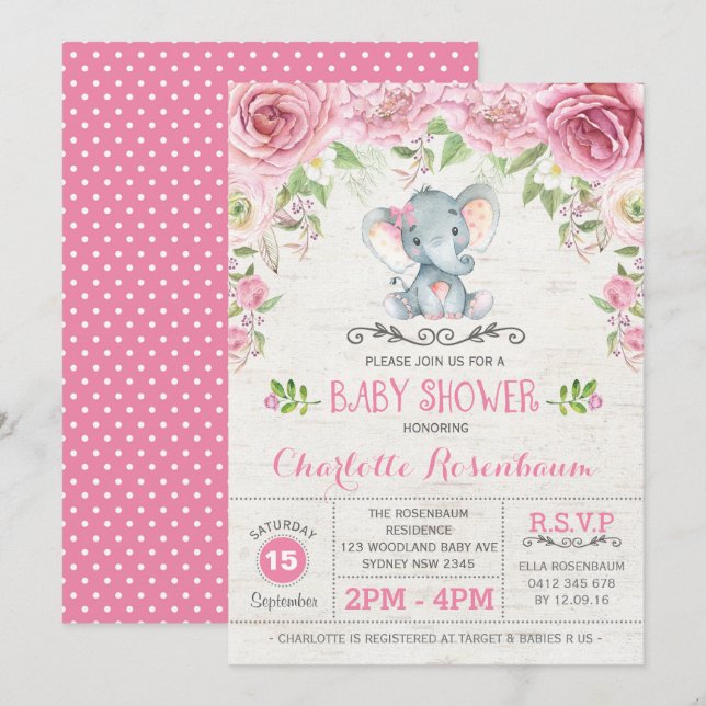 Inbjudan till rosa Blommigt Ro Elephant Baby Showe (Fram/baksida)