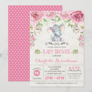 Inbjudan till rosa Blommigt Ro Elephant Baby Showe