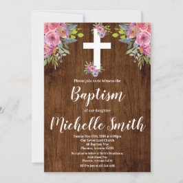 Inbjudan till rosa Blommigt Rustic Baptism Religiö