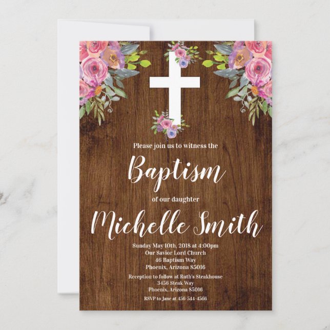 Inbjudan till rosa Blommigt Rustic Baptism Religiö (Framsida)
