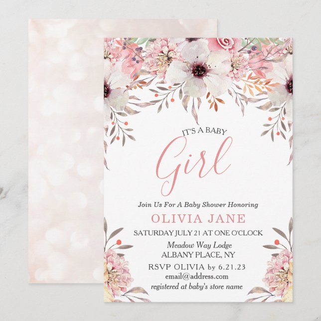 Inbjudan till  Rosa Blommigt Shimmer Baby Shower (Fram/baksida)