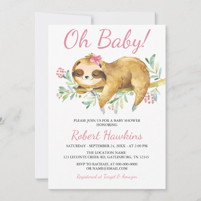 Inbjudan till rosa Blommigt Sloth Baby Shower (Framsida)