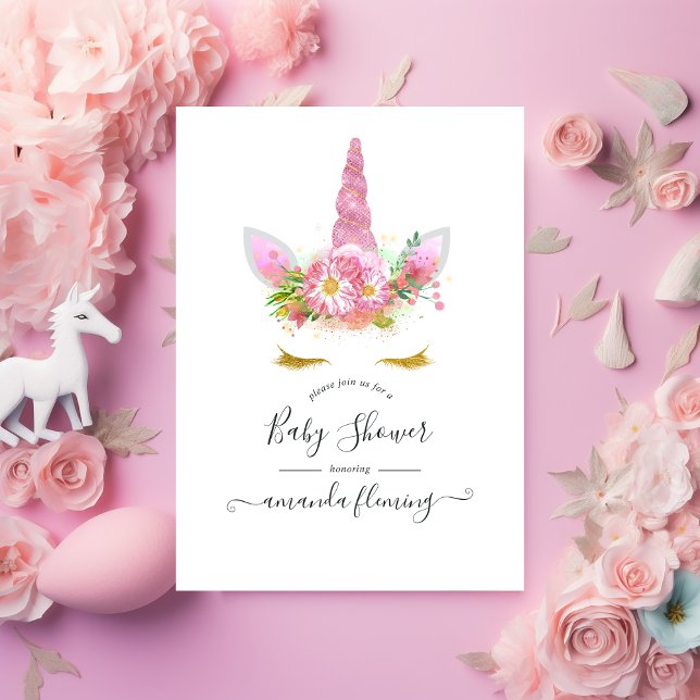 Inbjudan till rosa Blommigt Unicorn Baby Shower (Skapare uppladdad)