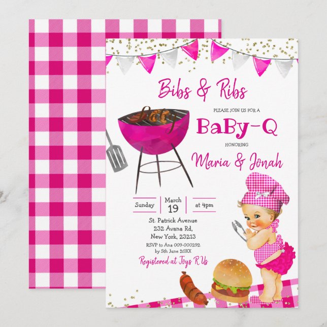 Inbjudan till rosa blond BBQ-meded Baby Shower (Fram/baksida)