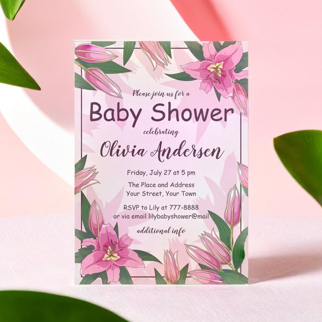 Inbjudan till rosa Blooming Lilies Baby Shower (Pink Blooming Lilies Baby Shower Invitation)