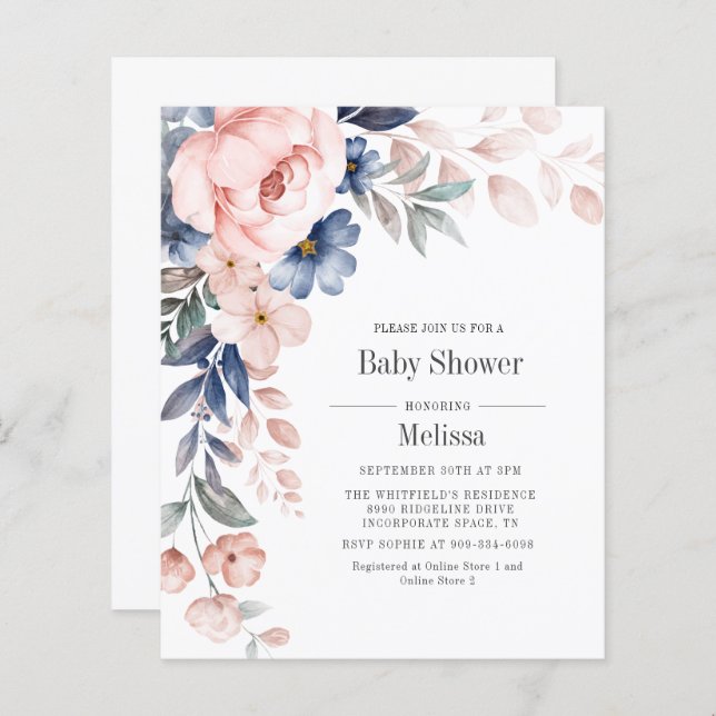 Inbjudan till Rosa Blue Blommigt Baby Shower (Fram/baksida)