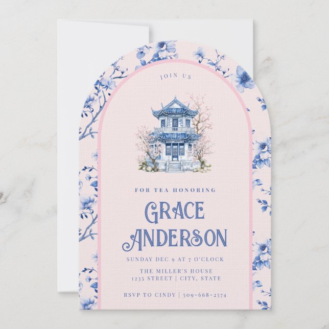 Inbjudan till rosa & Blue Chinoiserie Tea (Framsida)