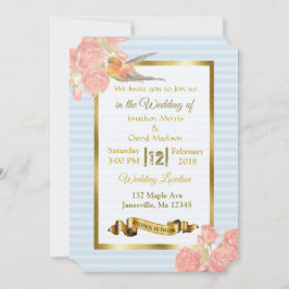 Inbjudan till rosa Blue Guld Flower och Bird Weddi