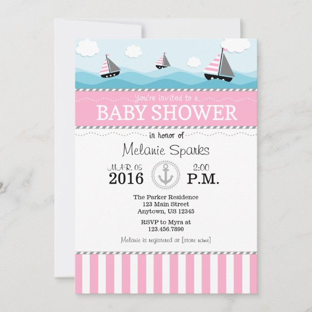 Inbjudan till rosa Blue Nautical Baby Shower (Framsida)