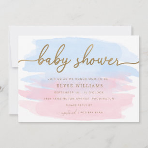 Inbjudan till rosa Blue Watercolor Guld Baby Showe