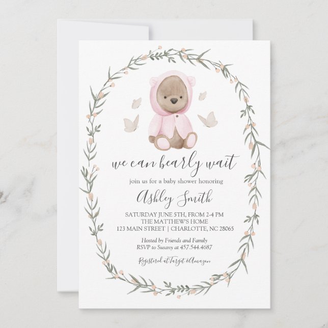 Inbjudan till rosa Bohemian Bear Baby Shower (Framsida)