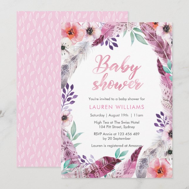 Inbjudan till rosa Boho-ludd Baby Shower (Fram/baksida)