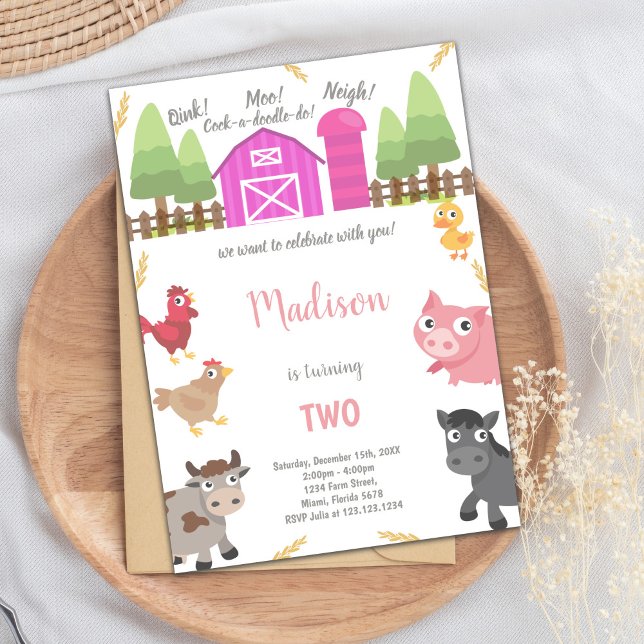 Inbjudan till rosa Boskap (Pink Farm Animals Invitations)