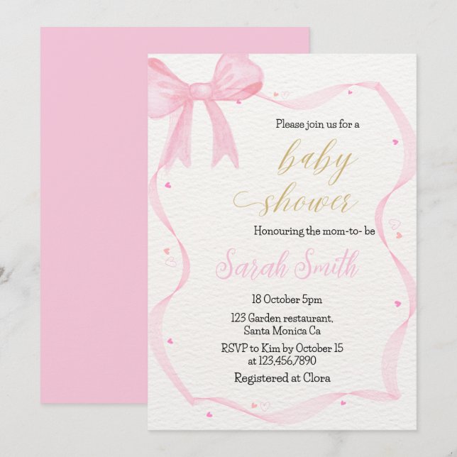 Inbjudan till rosa Bow Baby Shower (Fram/baksida)