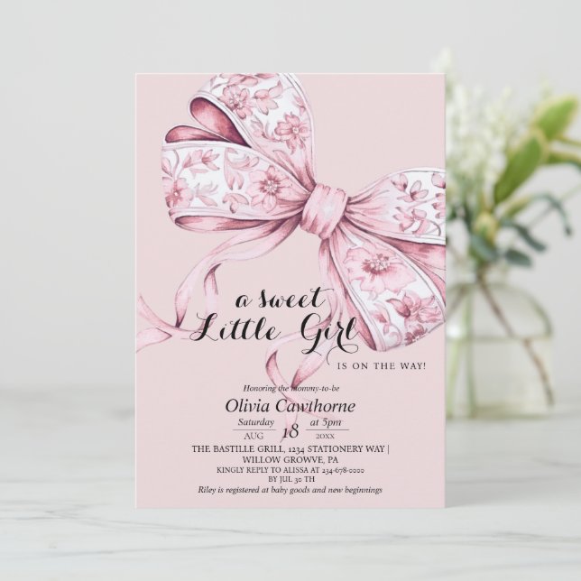  inbjudan till Rosa Bow Baby Shower (Stående Fram)