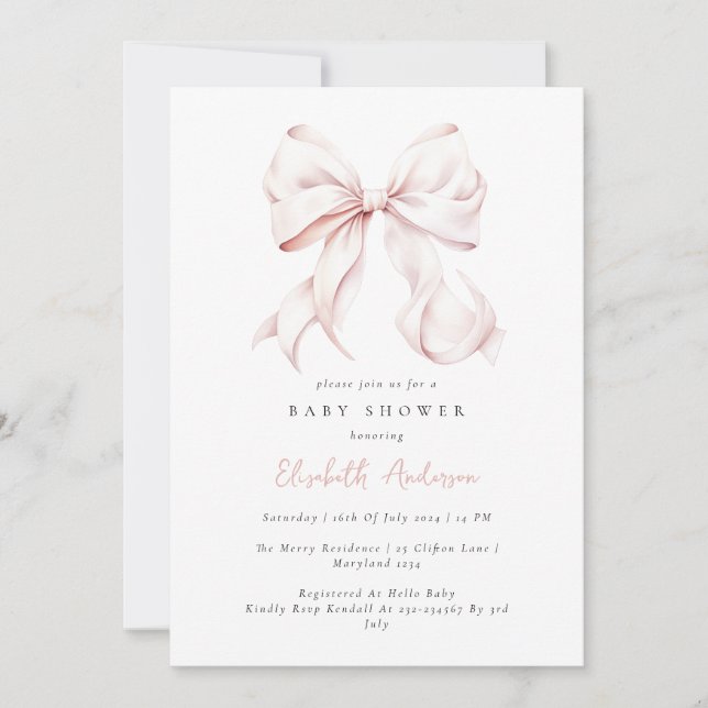 Inbjudan till rosa Bow Baby Shower (Framsida)