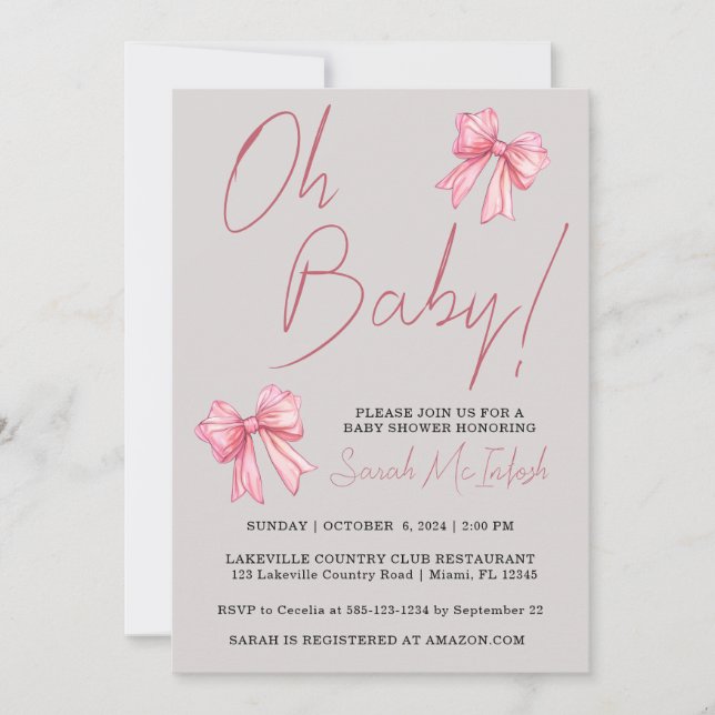 Inbjudan till rosa Bow Baby Shower (Framsida)