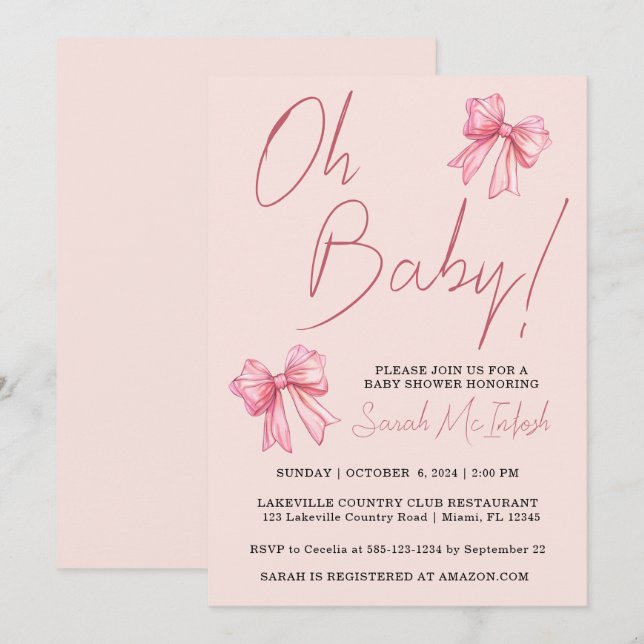 Inbjudan till rosa Bow Baby Shower (Fram/baksida)