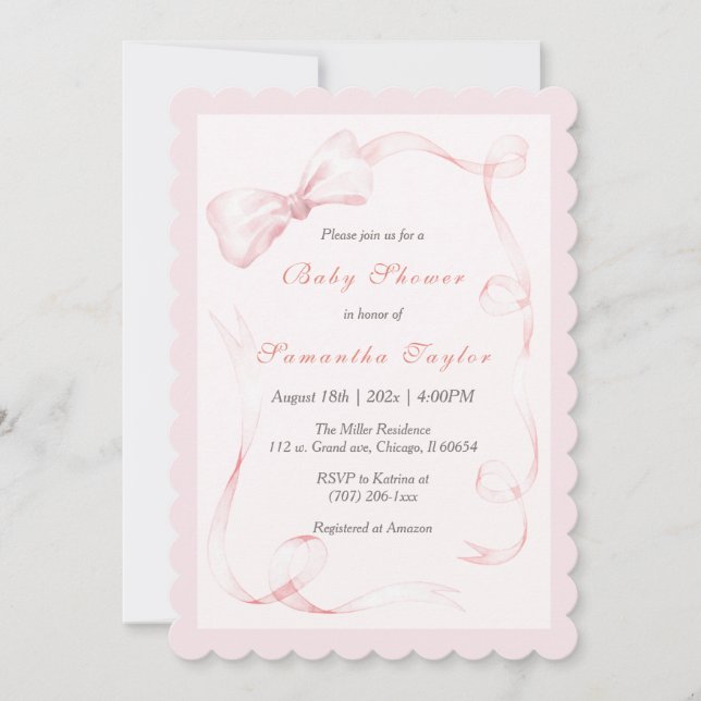  inbjudan till Rosa Bow Baby Shower (Framsida)