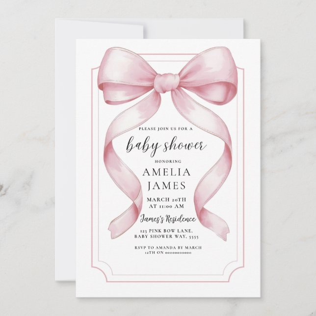 Inbjudan till  Rosa Bow Baby Shower kan redigeras (Framsida)