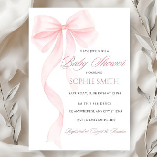 Inbjudan till Rosa Bow Baby Shower kan redigeras