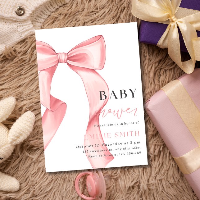 Inbjudan till rosa Bow Baby Shower, Rosa Coquette (Skapare uppladdad)