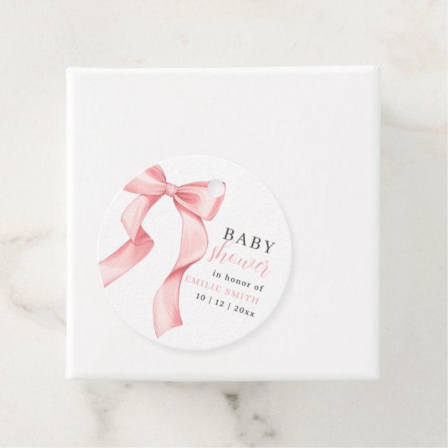 Inbjudan till rosa Bow Baby Shower, Rosa Coquette Gåvor Etiketter (På plats)